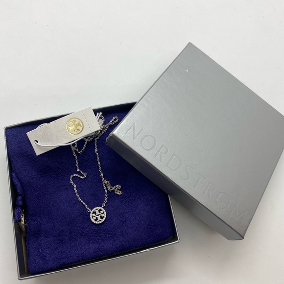 Tory Burch Silvertone Crystal Logo Necklace - Picture 2 of 5